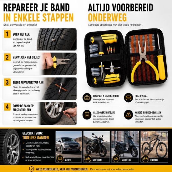 Repareer je band in enkele stappen. Complete banden reparatieset in stevige opbergcase. Geschikt voor auto's, motoren, scooters en fietsen.