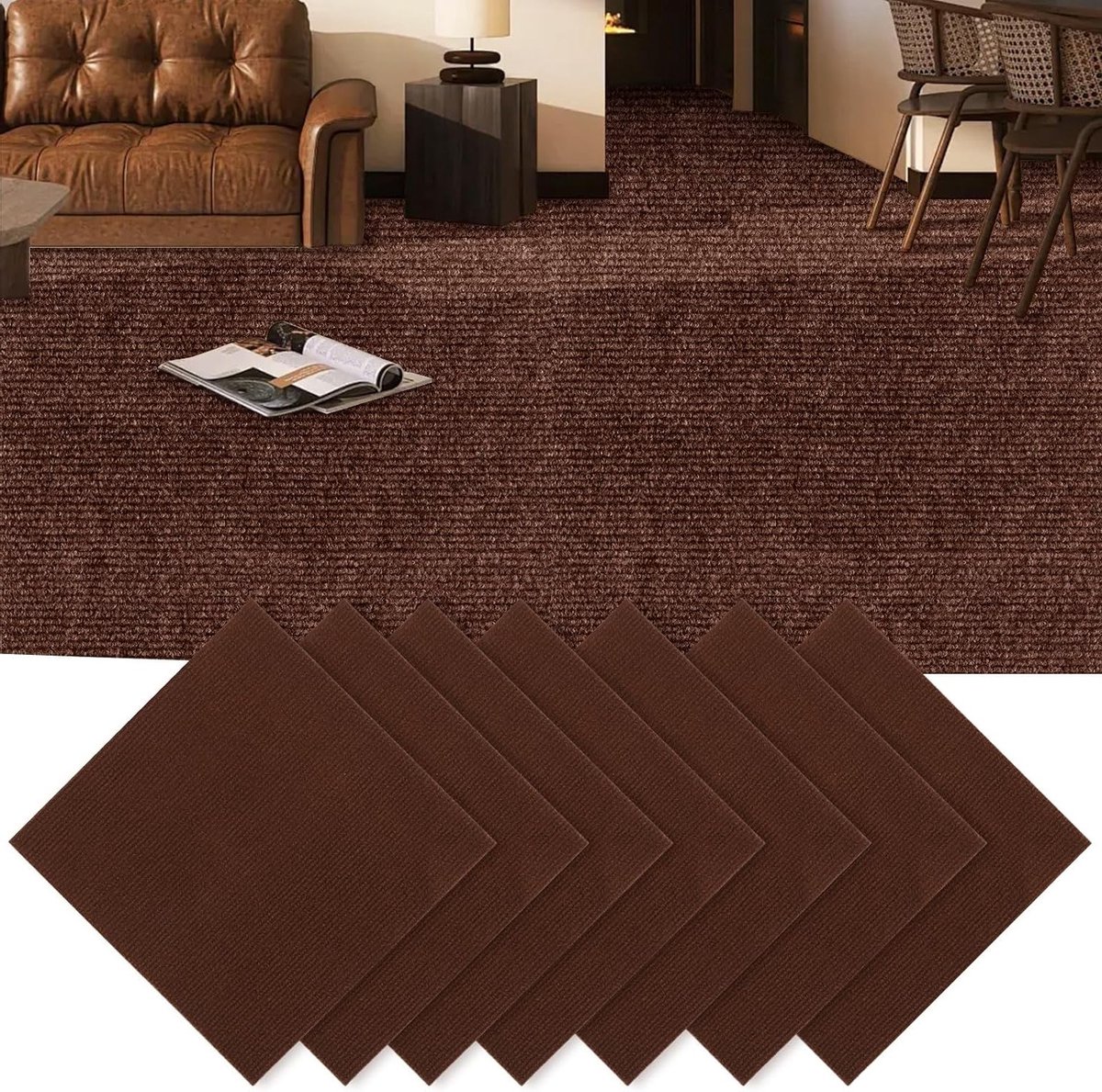 Set van 30 Zelfklevende Tapijttegels 30x30 cm voor Kantoor, Woonkamer en Balkon - Bruin, Duurzaam en Eenvoudig te Installeren