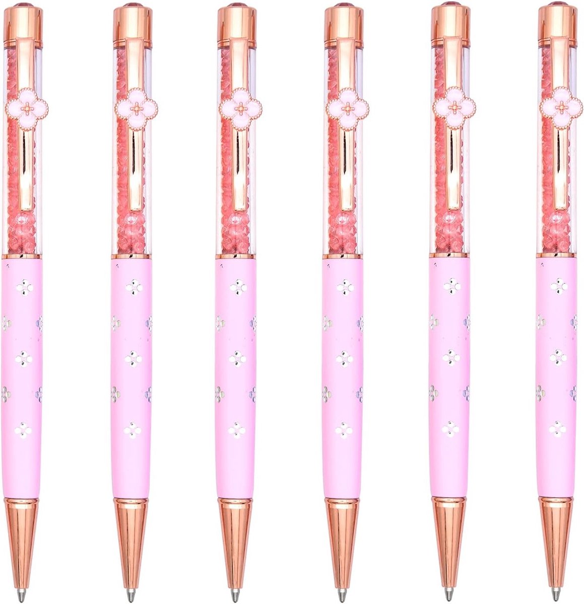 Zwarte inktpennen set van 6 met clover kristal design, medium balpen, roze kleur