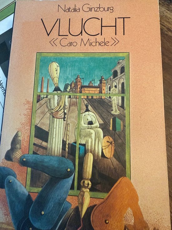 Boek 'Vlucht' met illustratie van een pop met blauwe broek en leren schoenen, kijkend uit een raam naar een stad.