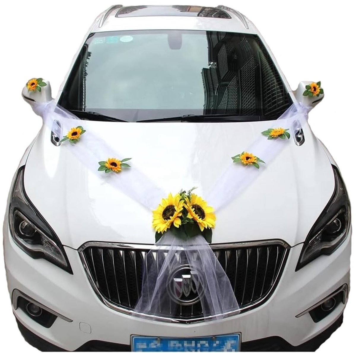 Dailygoods - Dailygoody - Autodecoratie voor Bruiloft - Zonnebloem - Bloemversiering voor Bruidsauto - Organza Slings - Feestdecoratie - Geschikt voor Bruidspaar -