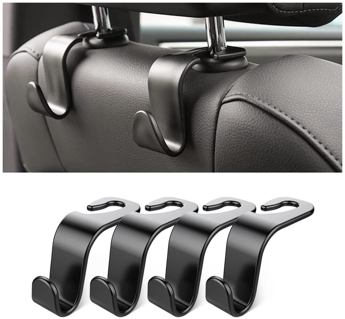 Dailygoods - Dailygoody - Haak voor autostoel - 4 stuks hoofdsteun haken - Duurzaam en robuust - Zwart - Auto-accessoires voor handtassen - Geschikt voor elke aut
