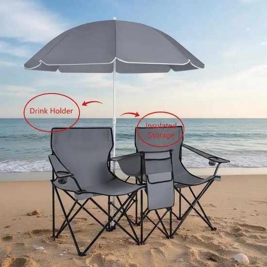 HomeGoodies - Dubbele campingstoel opvouwbaar - Verstelbare parasol - Roestvrij stalen frame - Waterdicht - Strand & patio - Grijs van Homegoodies — afbeelding 5