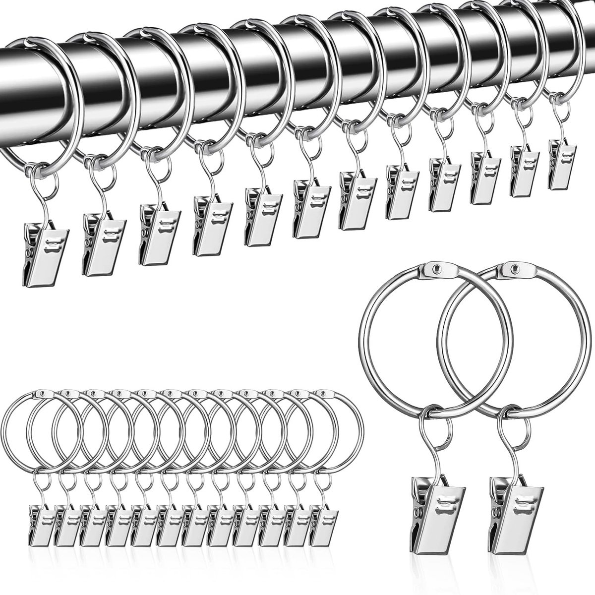 Dailygoods - Dailygoody - Gordijnringen - 50 Stuks - Geschikt voor Gordijnen - Zilver - Inclusief Clips - Ideaal voor Douchegordijnen