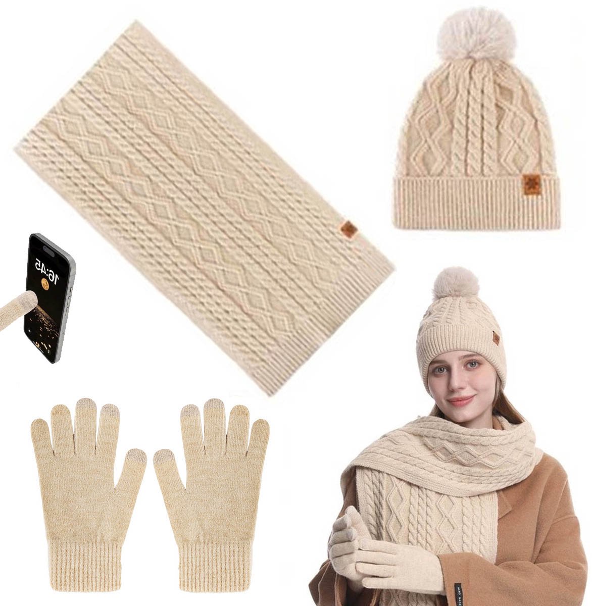 Dames wintermuts, handschoenen en sjaal set - Warme fleece gebreide muts, lange sjaal en handschoenen met touchscreen-functie - 3-in-1 warme cadeauset - beige