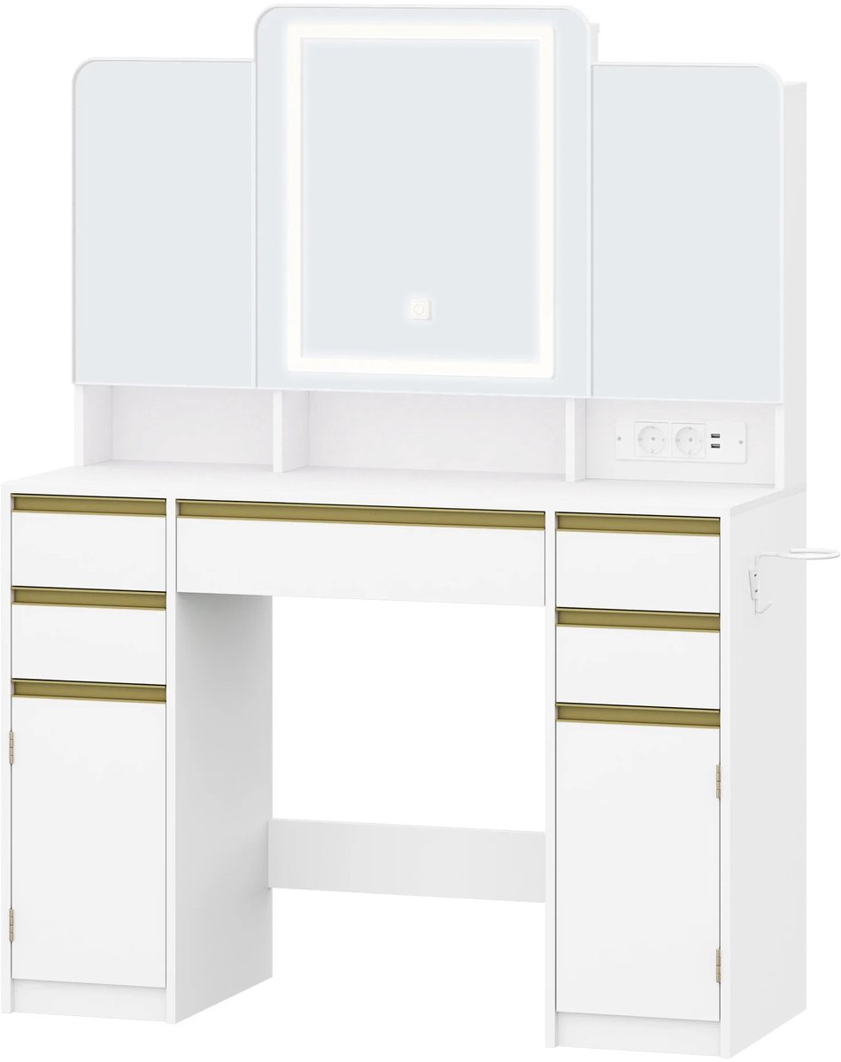 Happiq Dressing Table – Voor Slaapkamer en Make-up – Kaptafel met Drie Spiegel, Lade- en Opbergvakken – Wit / Modern White