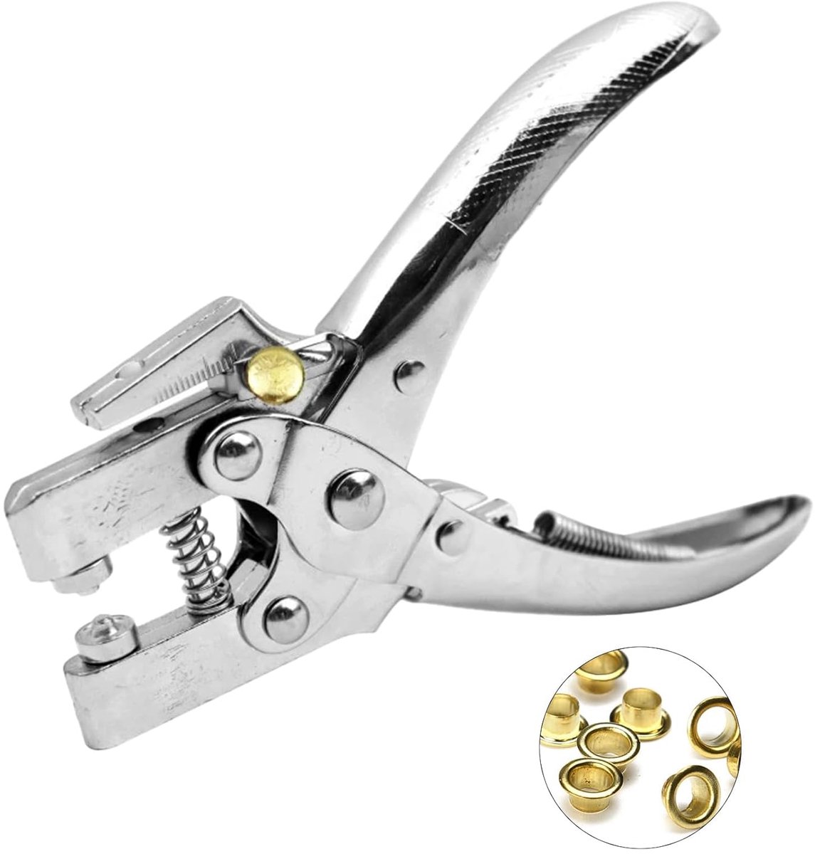Leerponsset met tang en oogjesclips, met 100 gouden oogjes van 4,8 mm, geschikt voor papier, karton, leer, riemen, textiel, dun plastic, metalen klinknagels en andere materialen.