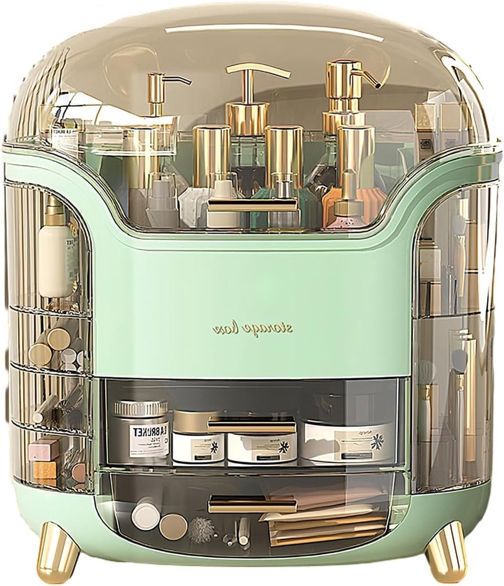 Make-up opbergdoos voor huidverzorging en cosmetica, waterdicht en stofbestendig, met lades voor lippenstiften en parfum, ideaal voor badkamer en slaapkamer.