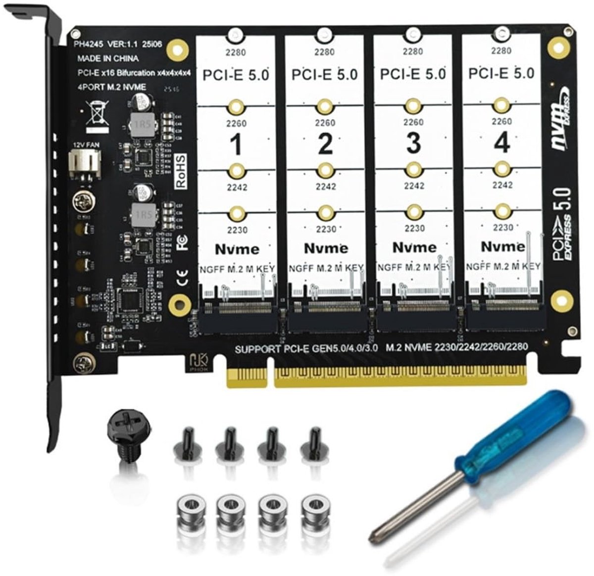 Dailygoods - Dailygoody - M.2 NVME naar PCIe Adapter - 4 Poorts PCIe 5.0/4.0/3.0 X16 - Ondersteunt 2230/2242/2260/2280MM SSD's - Geschikt voor SSD's - Ideaal voor ..