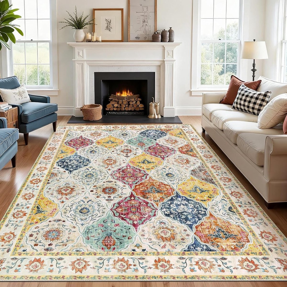 Wasbare vloerkleden voor woonkamer, kleine fluffy zachte tapijten, boho marokkaanse stijl, traditionele bloemenprint, antislip vintage tapijt voor slaapkamer en eetkamer, 90 x 150 cm, kleurrijk