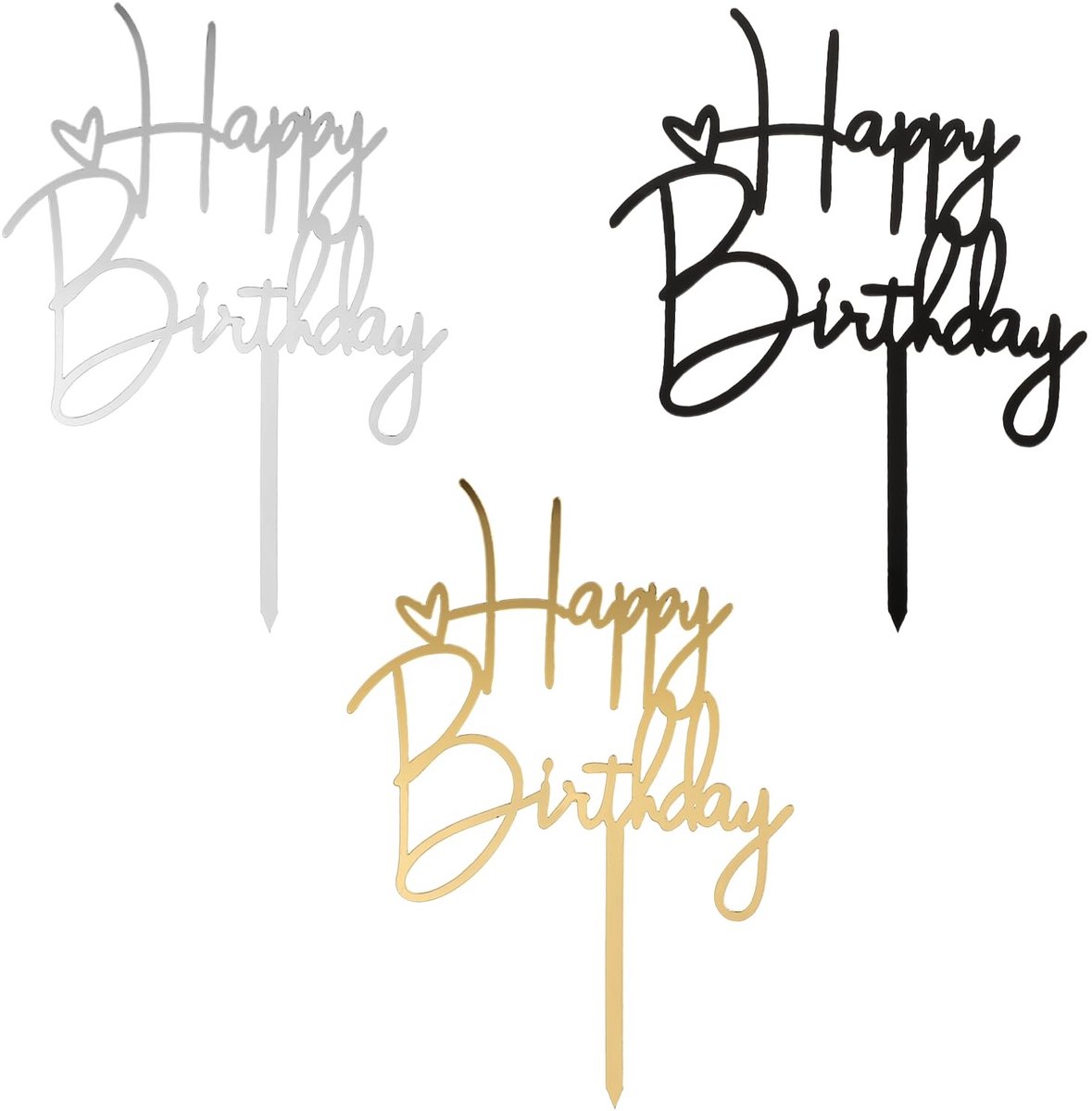 Dailygoody - Verjaardagstaart Decoratie - Happy Birthday Cake Toppers - Acryl Taart Decoratie - Goud Zilver Zwart - Cupcake Toppers - Geschikt voor Vr...