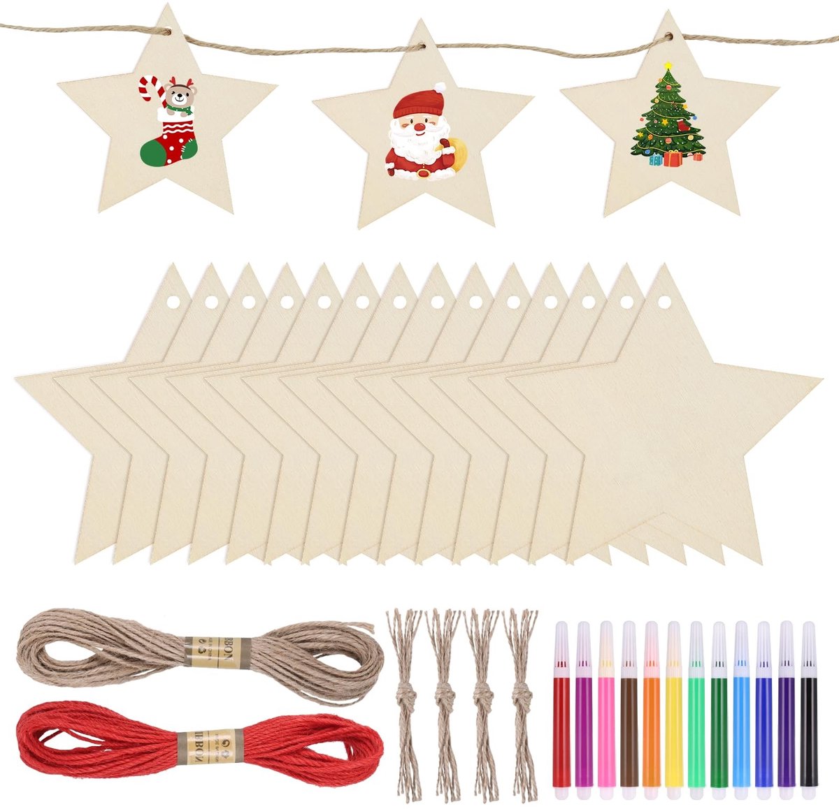 Dailygoody - Houten kerststerren - Knutselset voor kerstdecoratie - 40 stuks met gekleurde pennen - Houten sterornamenten - Geschikt voor knutselproje