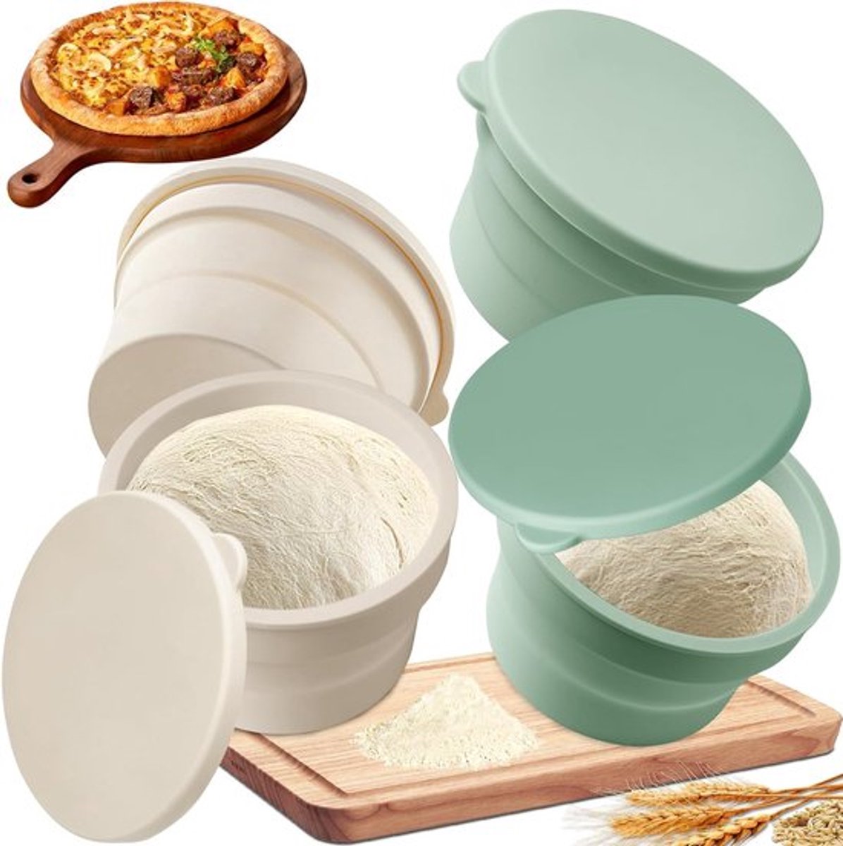 Vierdelige pizzadoosset - met deksel - herbruikbaar - siliconenmateriaal - geschikt voor magnetron, koelkast en vaatwasser - fermentatiebox