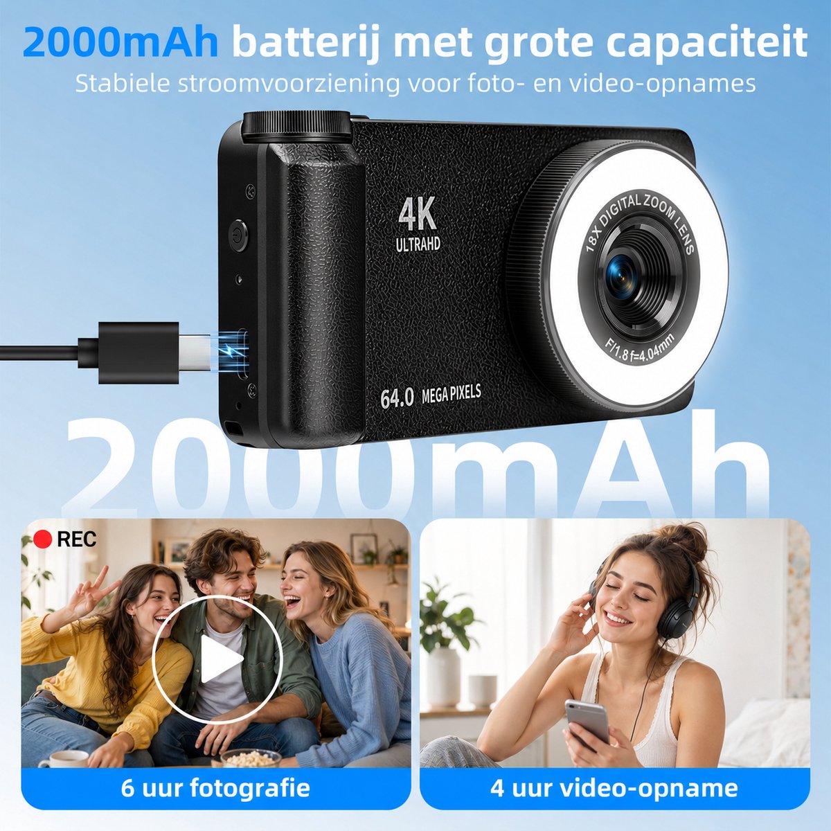Nice win 4K 64MP Digitale Camera - Beauty Licht - 18X Zoom - Vlog Camera met 32GB Kaart thumbnail 6