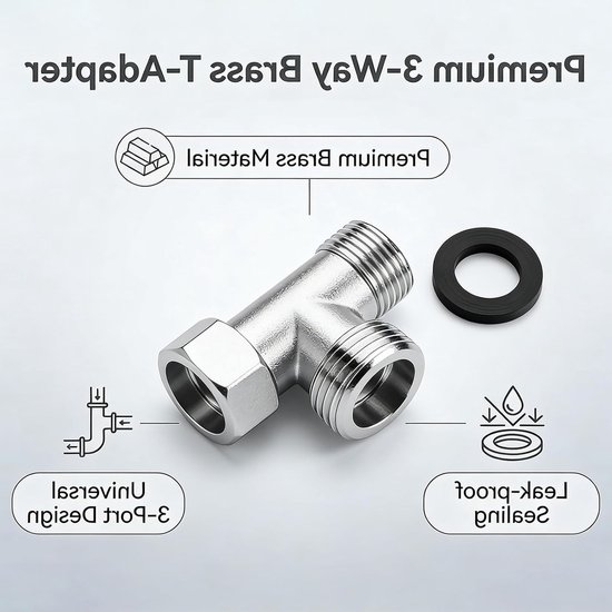 3-weg ventiel 1/2" voor wc, koper inversieventiel met 3/8" zijtanden, slangaansluiting voor toiletten en waterspoeltanks, 1 stuk — afbeelding 3