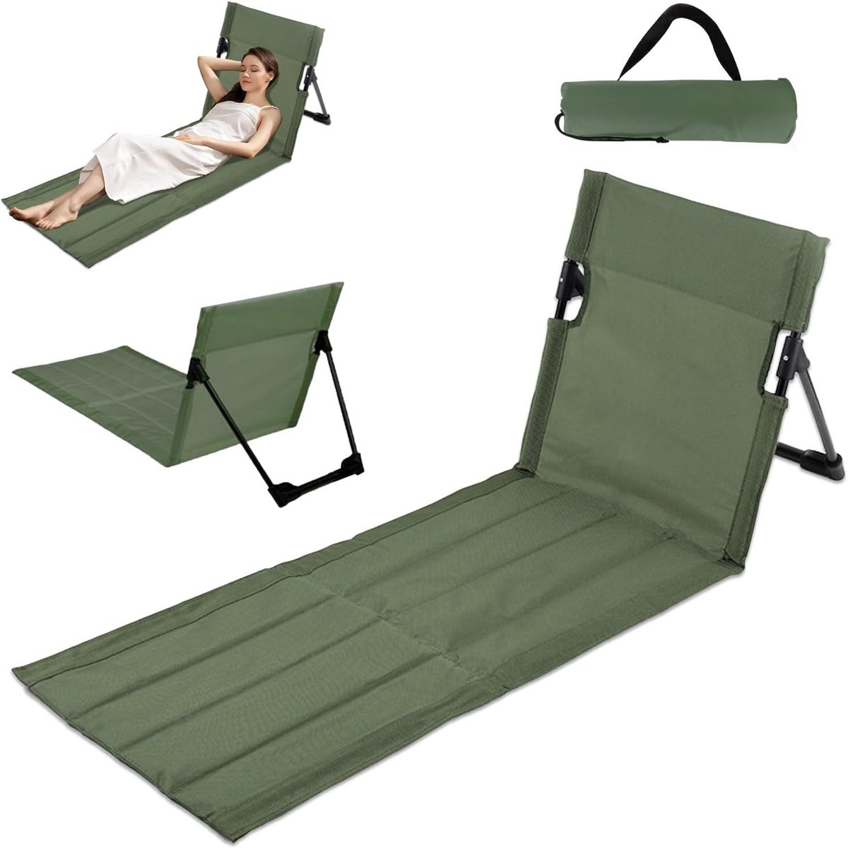 Strandmat met rugleuning - Opvouwbare strandstoel - Outdoor ontspanning - Verstelbare rugleuning - 108x405x41CM - Legergroen