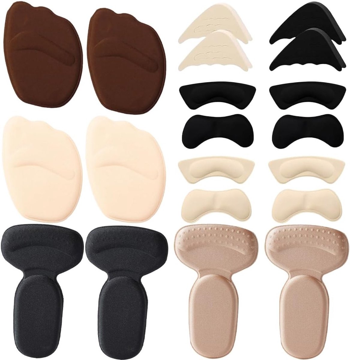 Set van 10 Hielkussens voor Schoenen, Bescherming voor Hielen, Ballen en Voorvoet, Comfortabele Inlegzolen voor Te Grote Schoenen, Schoenaccessoires en Heelkussens