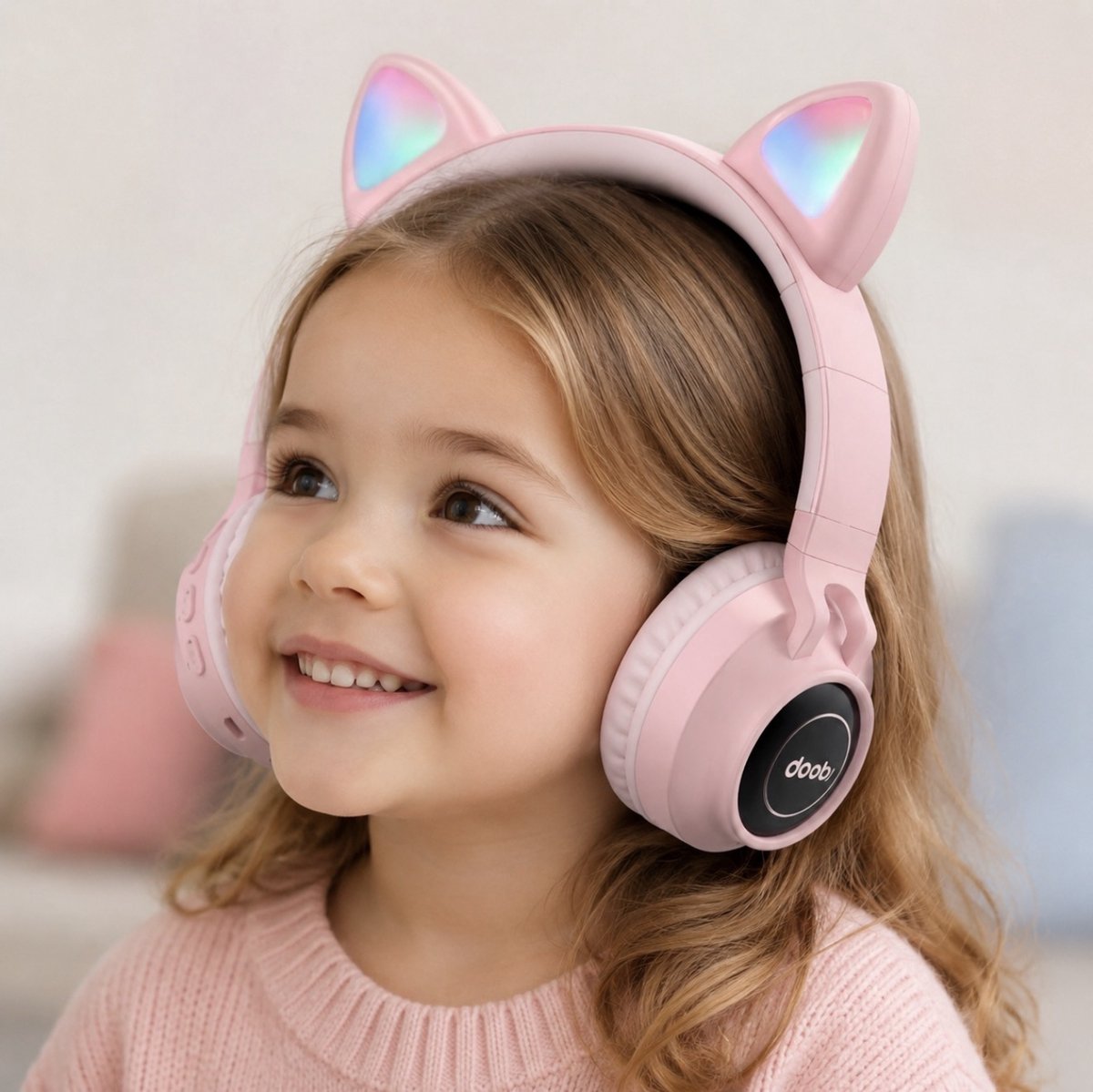 Kinder hoofdtelefoon - Draadloze koptelefoon Bluetooth met led kattenoortjes roze