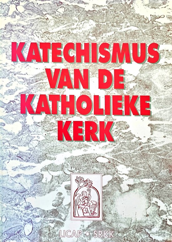Couverture de livre avec le texte KATECHISMUS VAN DE KATHOLIEKE KERK en lettres rouges sur fond gris.
