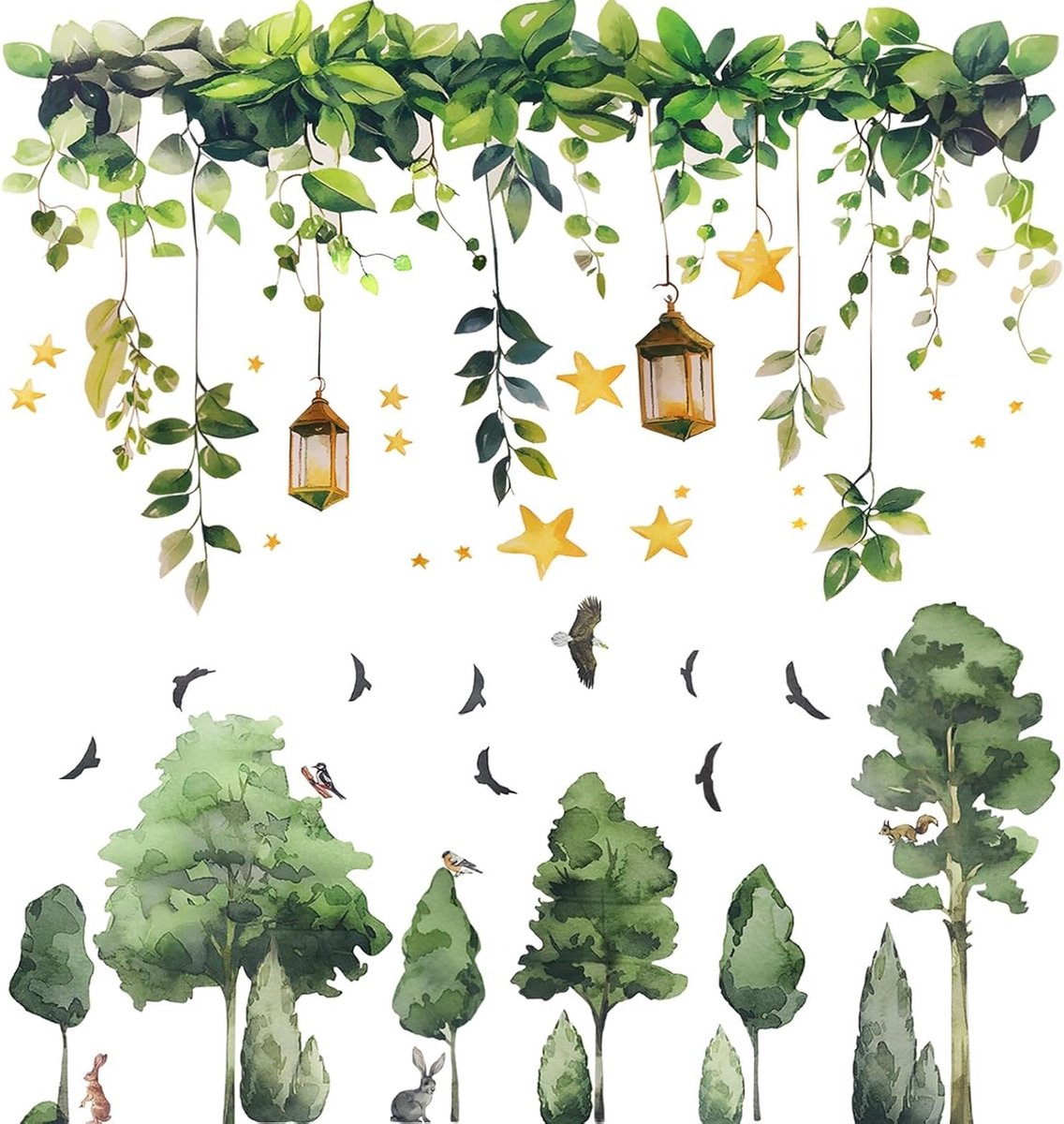 Muurstickers met Groene Planten, Bladeren en Vogels voor een Jungle Sfeer in Woonkamer en Slaapkamer, Decoratieve Muurdecoratie voor Huis en Tuin