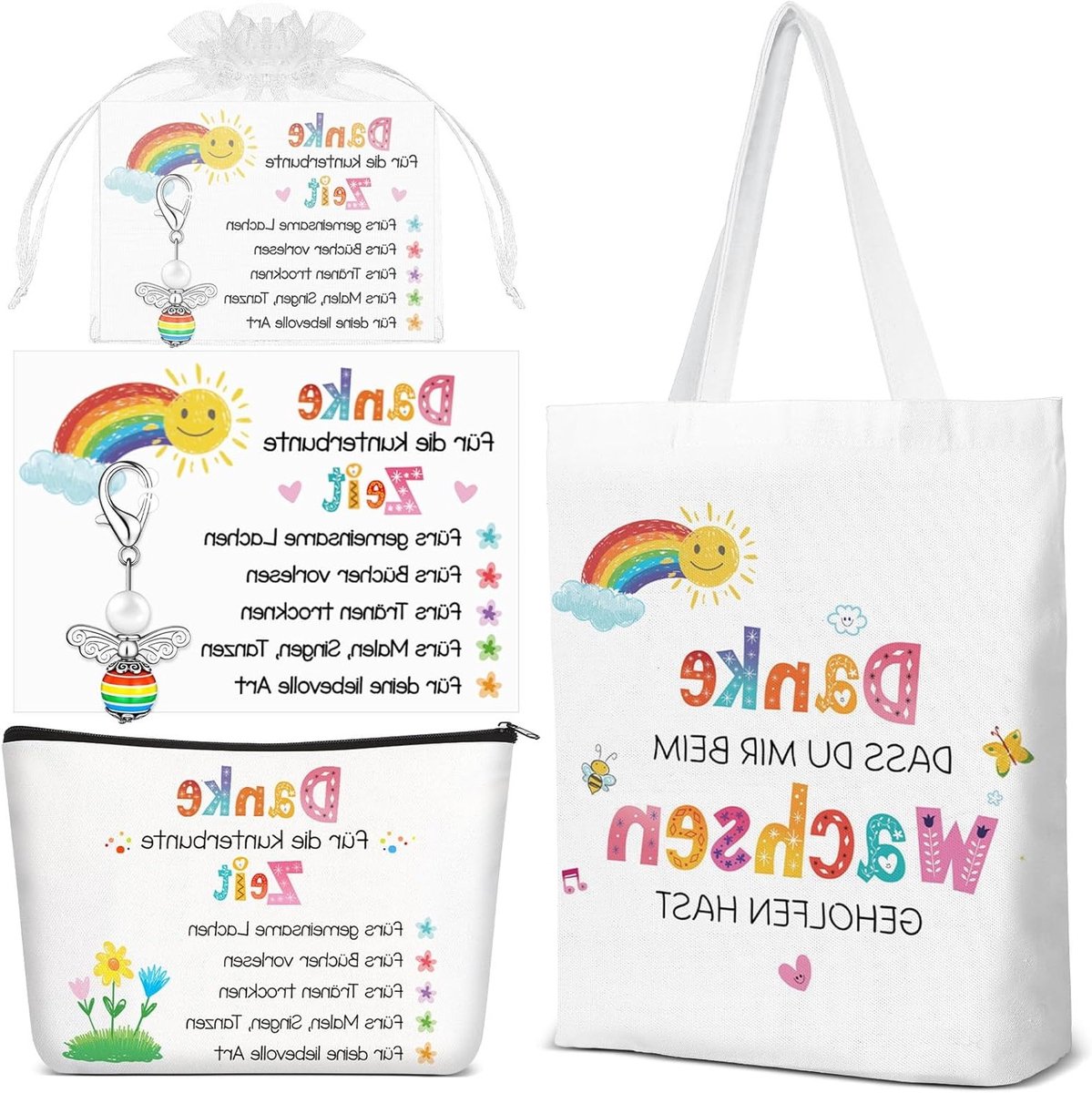 Bedankt Cadeau voor Leraren - Makeup Tas van Canvas met Engel Pendant en Kaart - Afscheidsgeschenken voor Onderwijs, Basisschool en Kleuterschool