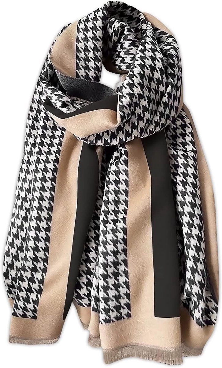 Winterse Cashmere Sjaal voor Dames | Klassieke Houndstooth Pashmina met Franje | Warm, Zacht en Lang voor Koude Dagen