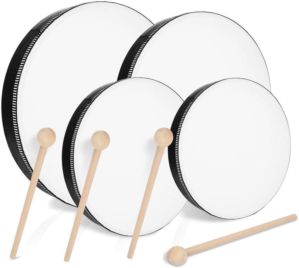 Dailygoods - Dailygoody - Handtrommel - Tamboerijn set - Houten handdrumset - 4 stuks - Percussie instrument - Voor kinderen en volwassenen - 10-25 cm