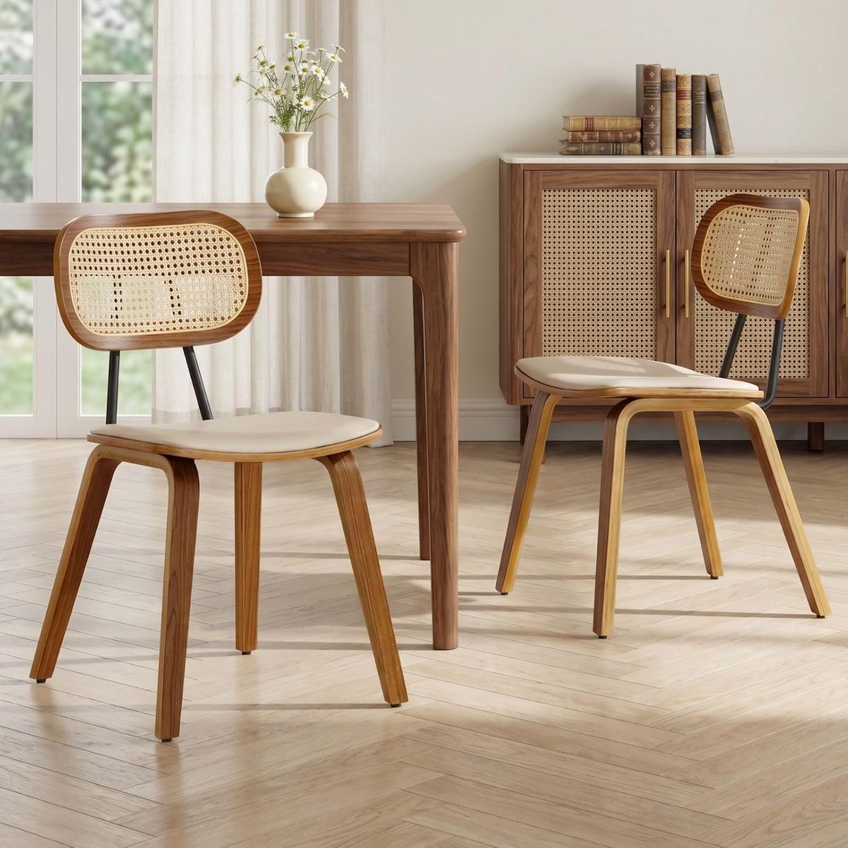 Rieten Eetkamerstoelen Set van 2 – PU Lederen Dining Chairs met Massief Houten Poten & Natuurlijke Rattan Rugleuning – Comfortabele Keuken- en Woonkamer Stoelen 55D x 47W x 79H cm