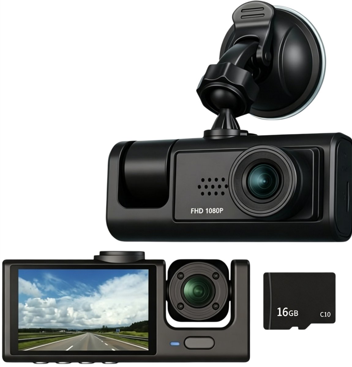 Driecamera-dashcam - 170° groothoek - drie camera's (voor, binnen en achter) - Full HD - 2-inch scherm - nachtzicht en botsingsdetectie - Cyclische opname - Achteruitrijbeeld - Inclusief 16 GB SD-kaart