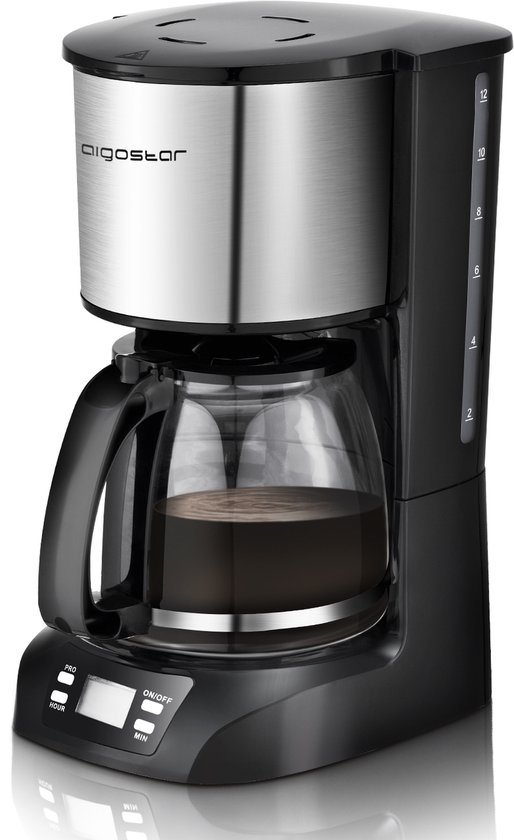 Aigostar Koffiezetapparaat 1.5L - Filterkoffie - met Glazen Kan - 12 Koppen - Koffiemachine - Warmhoudfunctie - Zwart/RVS