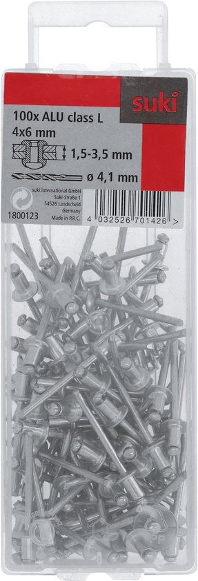 Verpakking met 100 stuks zilverkleurige ALU blindklinknagels, 4x6 mm, van Suki.