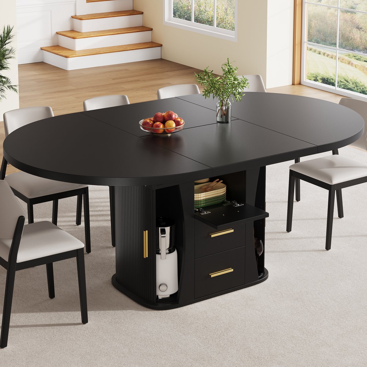BLACKCOLORS Uitschuifbare eettafel, eettafel, keukentafel, ronde eettafel, uitschuifbaar tot ovaal, 118-158 cm, plaats voor maximaal 6 personen, drielaags, zwart