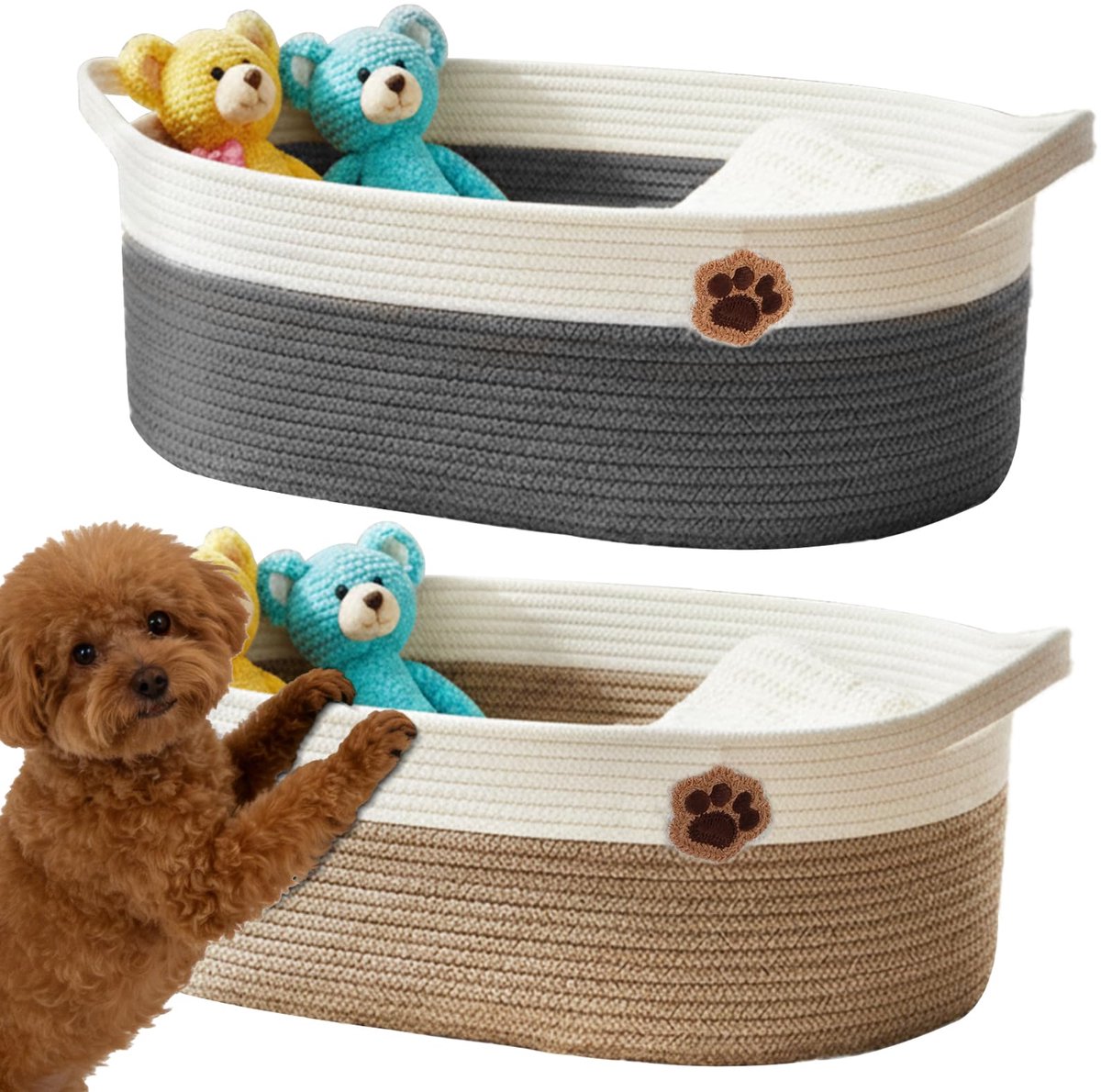 2 stuks hondenspeelgoedmand - Schattige katoenen opbergmand voor kinderkamer - Wasmand met drievoudig versterkte handvatten - Geweven mand voor dekens opbergen in woonkamer - Bruin+Grijs