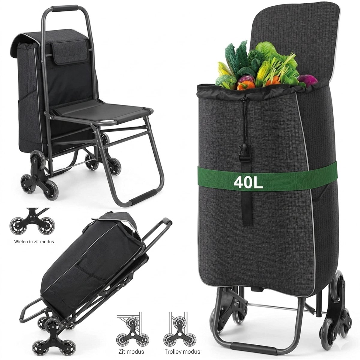 Stervia Boodschappentrolley Met Uitklapstoel - Boodschappentas - Opvouwbaar - 35 Liter - 3 Wielen Beide Kanten - 54 x 32 x 20cm