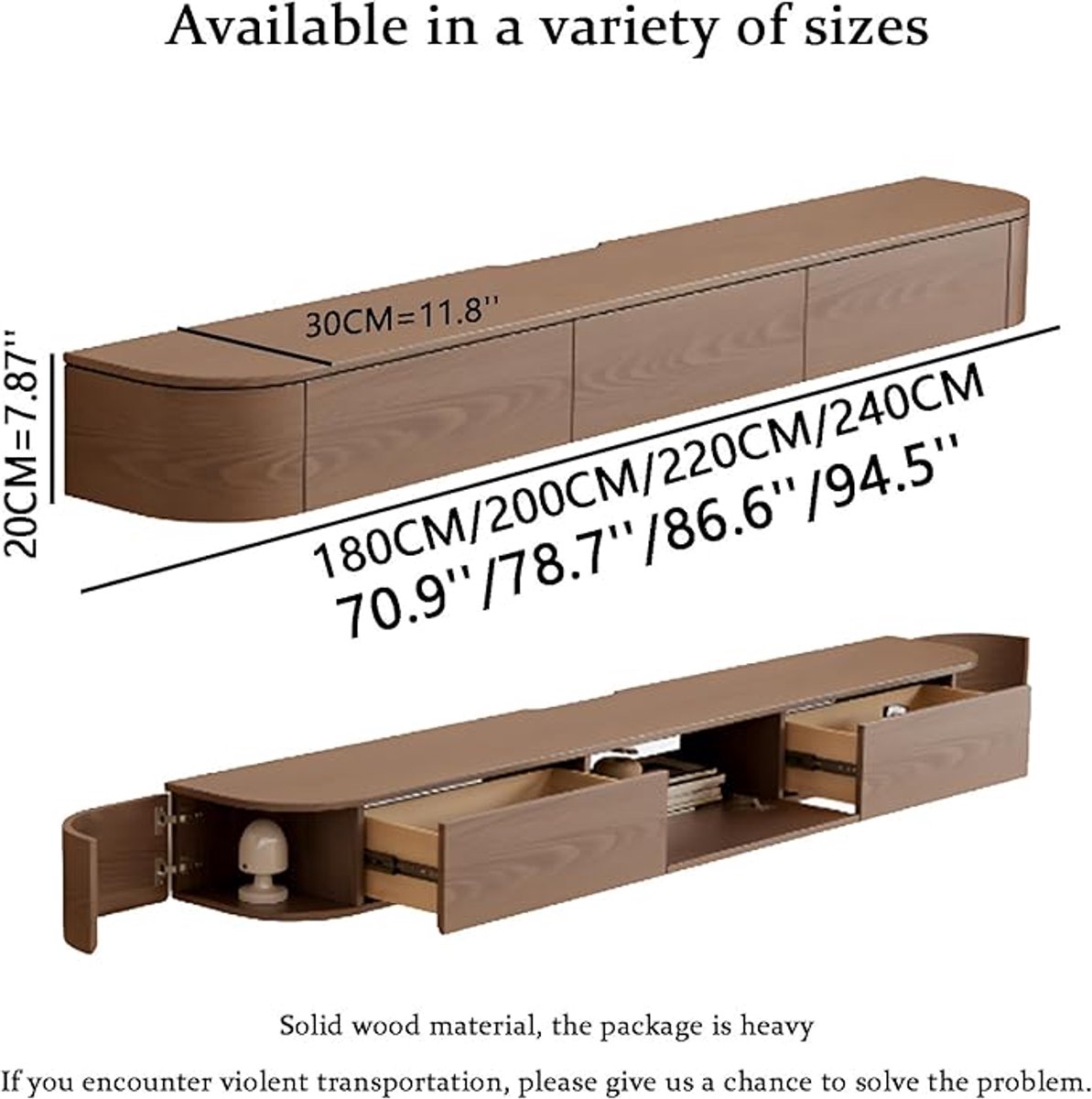 Wandgemonteerd TV Meubel 220 x 30 x 20 cm – Zwevend TV Wandkast met LED Verlichting & Opbergruimte – Modern TV Media Console voor Woonkamer, Slaapkamer & Hotel – Walnoot & Licht Hout