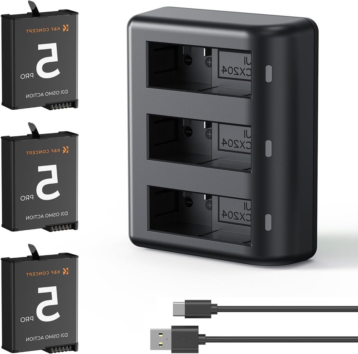 Set van 3 oplaadbare 2100 mAh batterijen met oplader voor DJI OSMO 360 Action camera's, USB-C compatibel, ideaal voor lange opnames