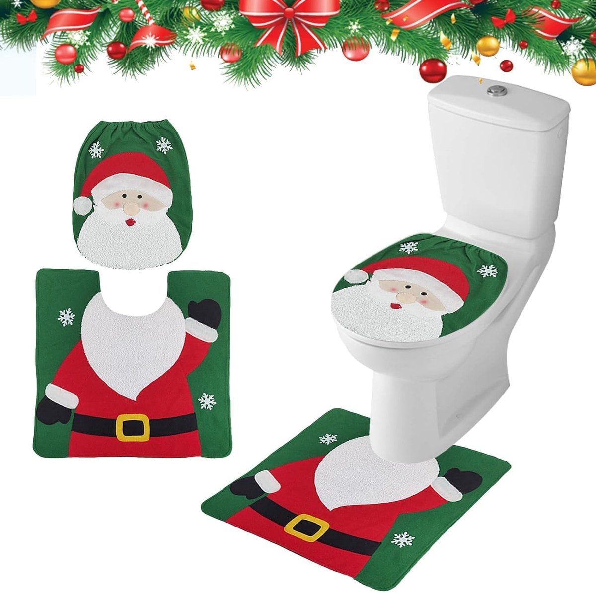 Kerst Toiletbril Hoes en Badmat Set met Kerstman, Sneeuwman en Elch - Decoratieve Toilet Accessoires voor Badkamer, 2 Stuks