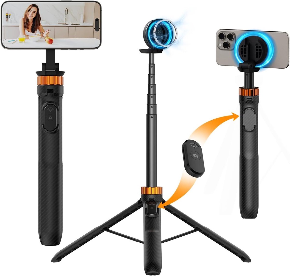 Verstelbare Selfie Stick Tripod van 162 cm met Afneembare Afstandsbediening voor Smartphones, Mini Tripod Geschikt voor iPhone 15/14/13/12, Magnetisch en Draagbaar
