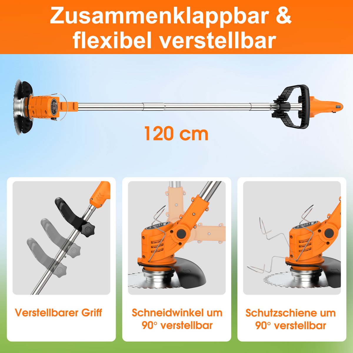 Accu grastrimmer met accu, gazonkantentrimmer met 2 accu's 21V en 4 mestypen + 1 tuinschaar, opvouwbare grasmaaier-Oranje – foto 7