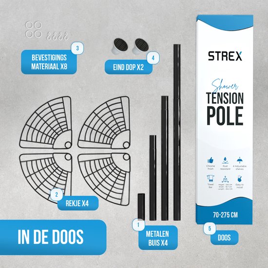 Strex Telescopisch Doucherek Zwart - Verstelbaar 70-275 cm - 4 Mandjes - Robuuste Kwaliteit - Bevestigen zonder Boren of Schroeven - Telescopisch Douche Rek Hoek