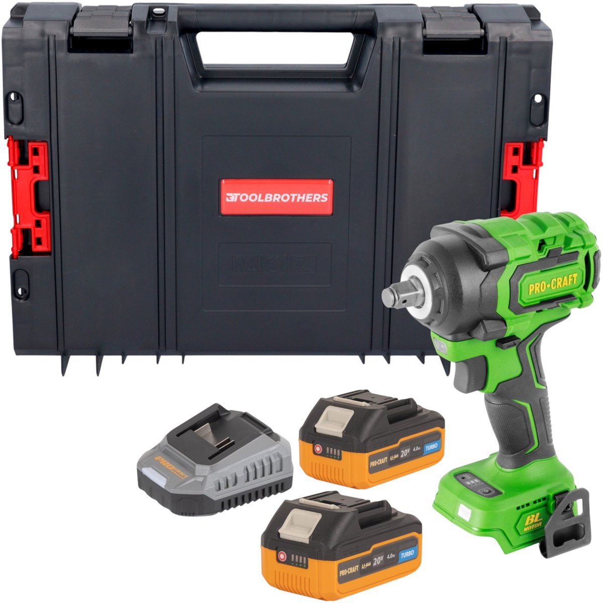 Procraft PWA18bb accu-slagmoersleutel 20 V 550 Nm 1/2" borstelloos + 2x accu 4,0 Ah + oplader + RHINO-gereedschapskoffer