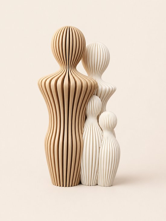 Abstract gezin van hout en wit kunststof, bestaande uit twee volwassenen en twee kinderen, met verticale ribbels, op lichte achtergrond.