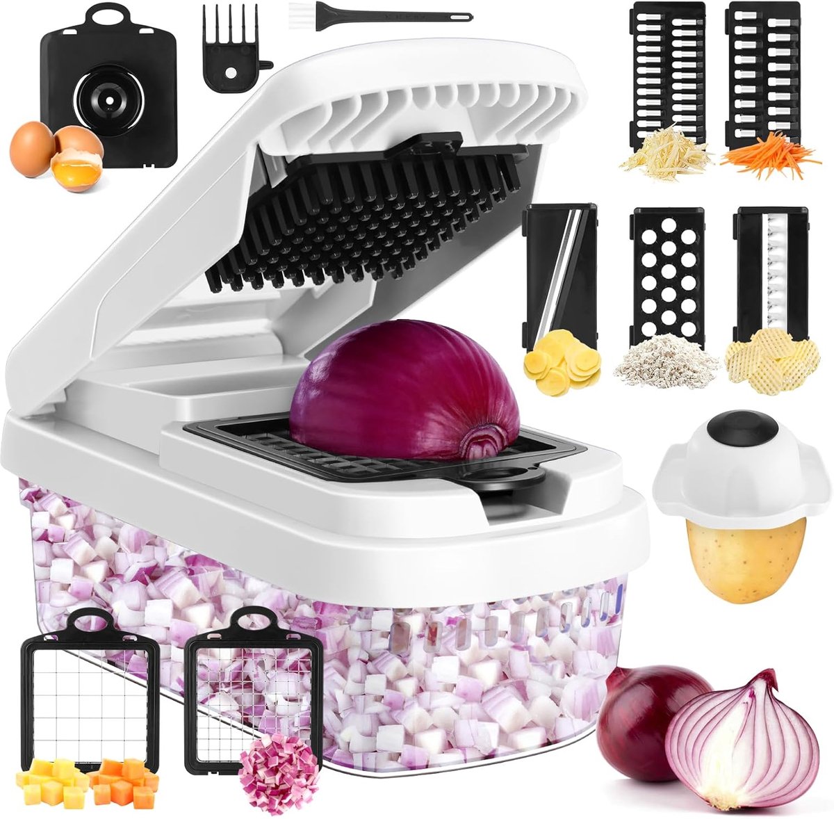 15-in-1 Groentesnijder met Opvangbak – Multifunctionele Mandoline & Keukensnijder – Rasp, Uiensnijder en Groentehakker – BPA Vrij – Voor Groenten, Fruit & Kaas