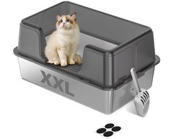 Kattenbak XXL RVS - Kattenbak Groot Half Open - Katten Toilet met Hoge Rand en Zeef - Inclusief Schep en Anti-Slip Mat - 60x40x31,5 cm