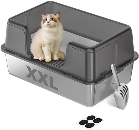 Litière XXL en acier inoxydable - Grande litière semi-ouverte - Toilette pour chat avec rebord haut et tamis - Comprend une pelle et un tapis antidérapant - 60x40x31,5 cm