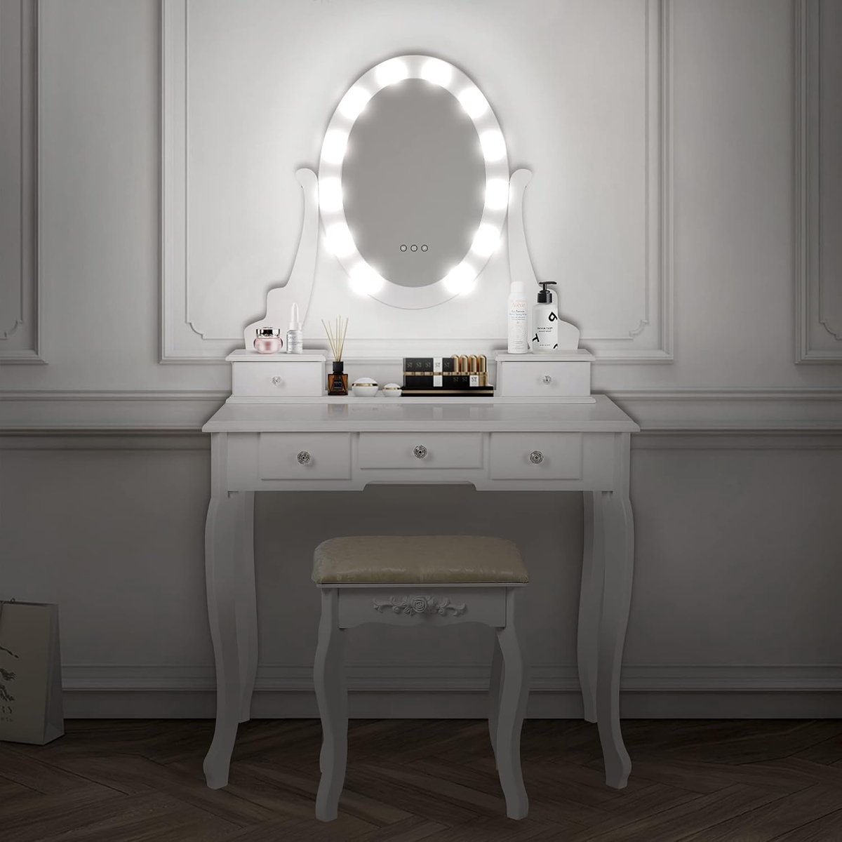 Luxe Landelijke Kaptafel met LED Spiegel en Verlichting, 80 x 129 x 40 cm, Make-up Tafel met Kruk en 5 Lades – Vintage Cosmetic Table Design