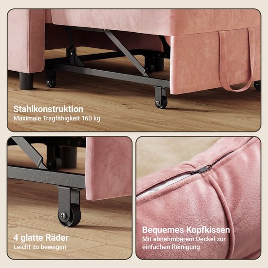 Roze slaapbank met stalen frame, 4 wielen, en een kussen met afneembare hoes.
