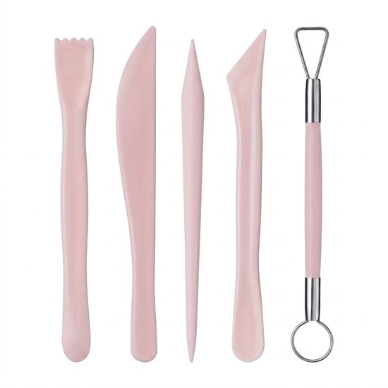 Roze kunststof kleimessen set 5 delig – boetseer gereedschap voor klei en aardewerk – dubbele uiteinden met metalen lus en diverse snij vormen – geschikt voor beginners en gevorderden