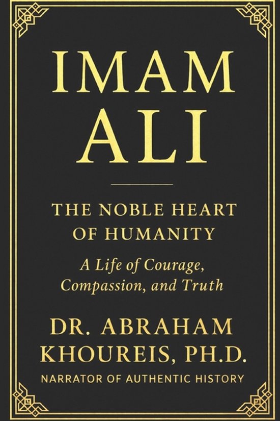 Boek 'Imam Ali: The Noble Heart of Humanity' met gouden letters op een zwart met decoratieve randen.