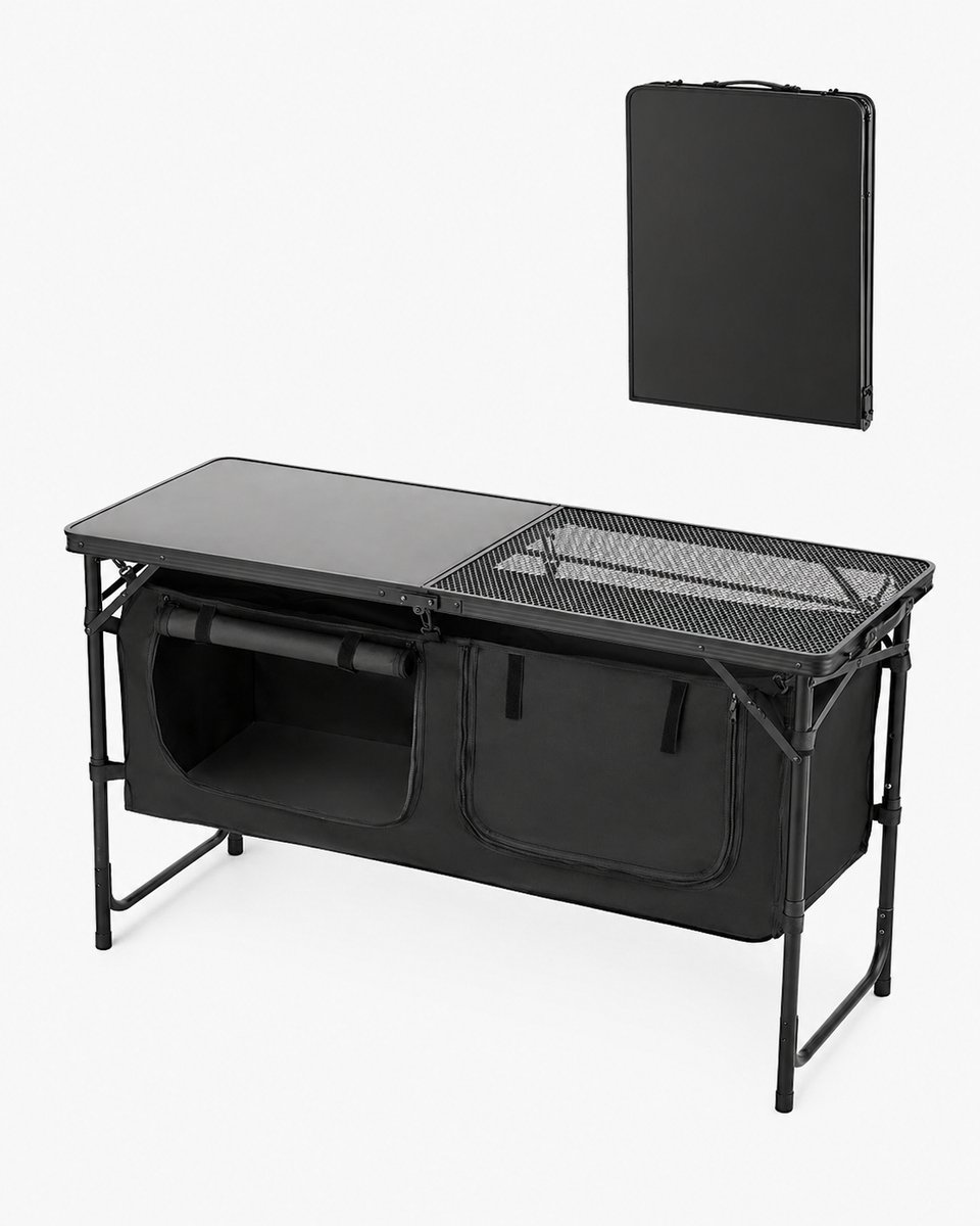 Sello! camping keukentafel – campingkast – outdoor – kamperen – lichtgewicht aluminium – opvouwbaar – in hoogte verstelbaar – zwart